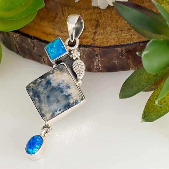 Solid Sterling Silver 925 Fire Opal Pendant Lapis Lace Onyx aka Blue Scheelite - Picture 2 of 7